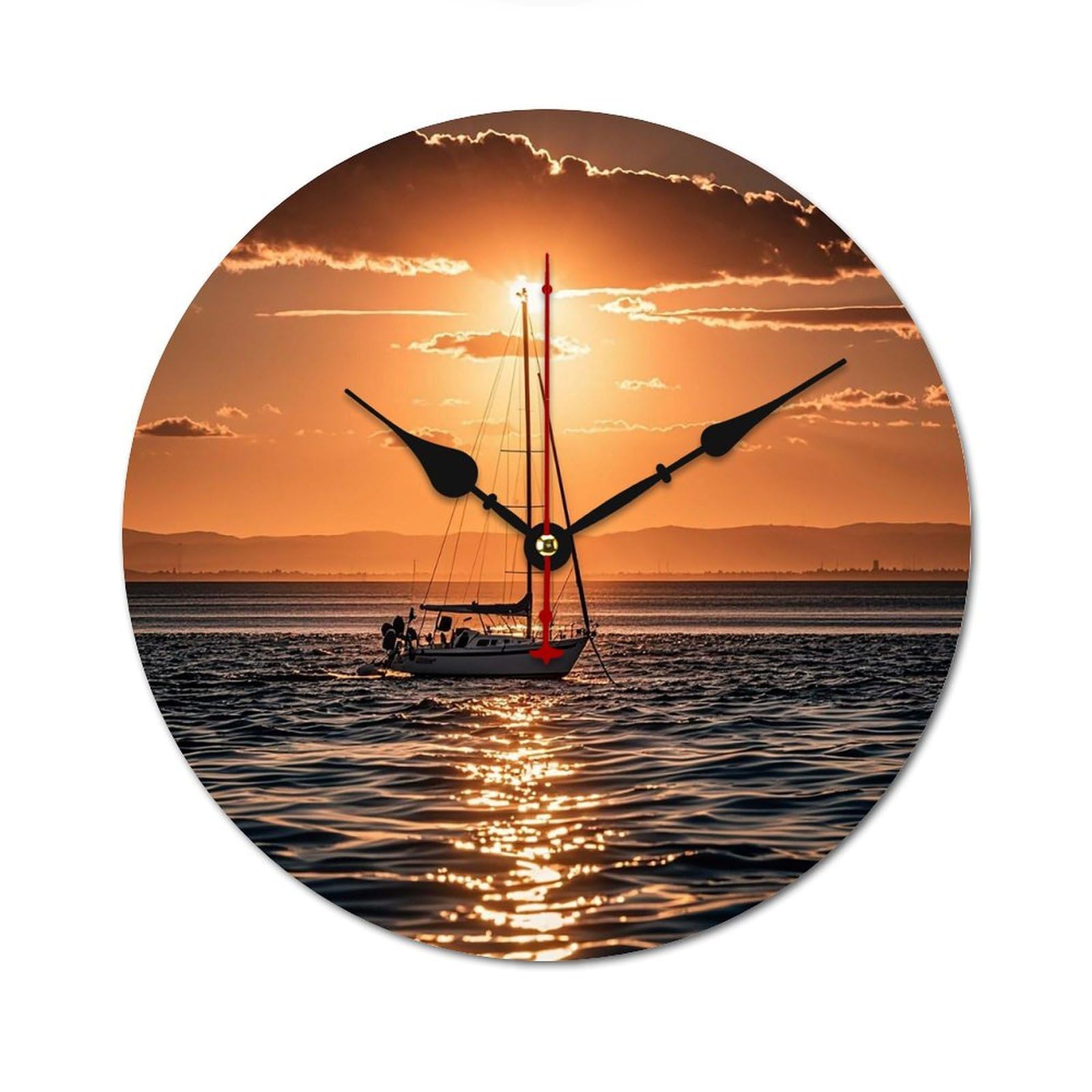 Horloge décorative en bois coucher de soleil et voilier pour une décoration chaleureuse et zen