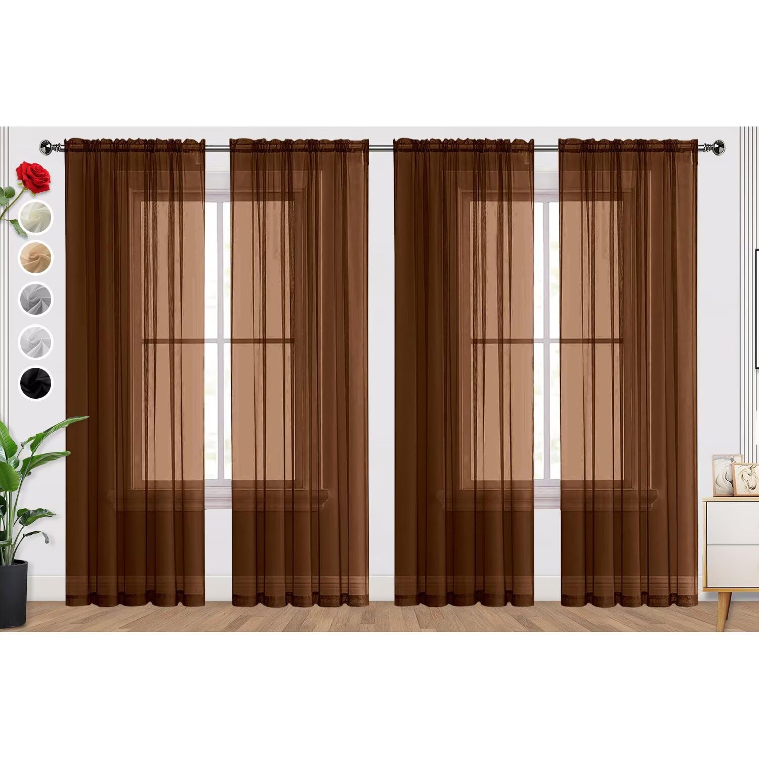SpaceDresser - Brown Sheer Curtains 4 Panels Rod Pocket Semi Sheer Curtain 108 Inches Long Light Filtering Voile Drapes for Bedroom Living Room — image 1