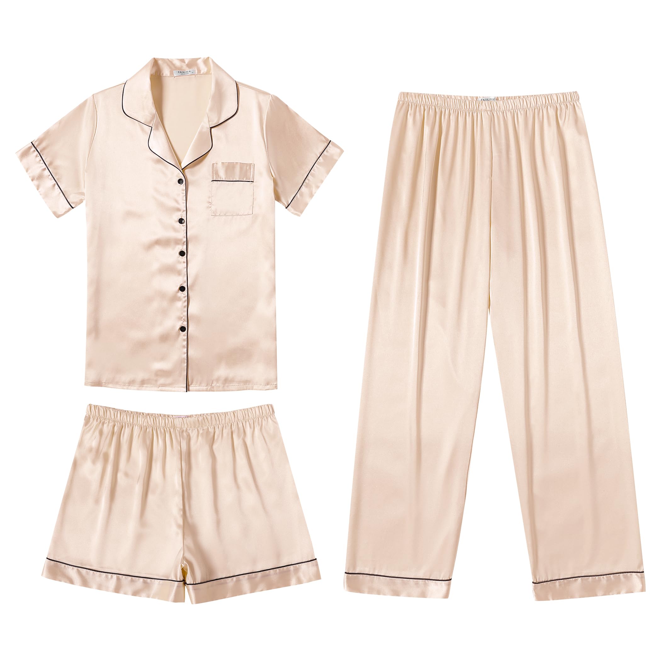 Ekouaer Silk Pajamas for Women Set Satin Pjs Soft Short Sleeve Button Down Sleepwear 3 Piece Loungewear S-XXL