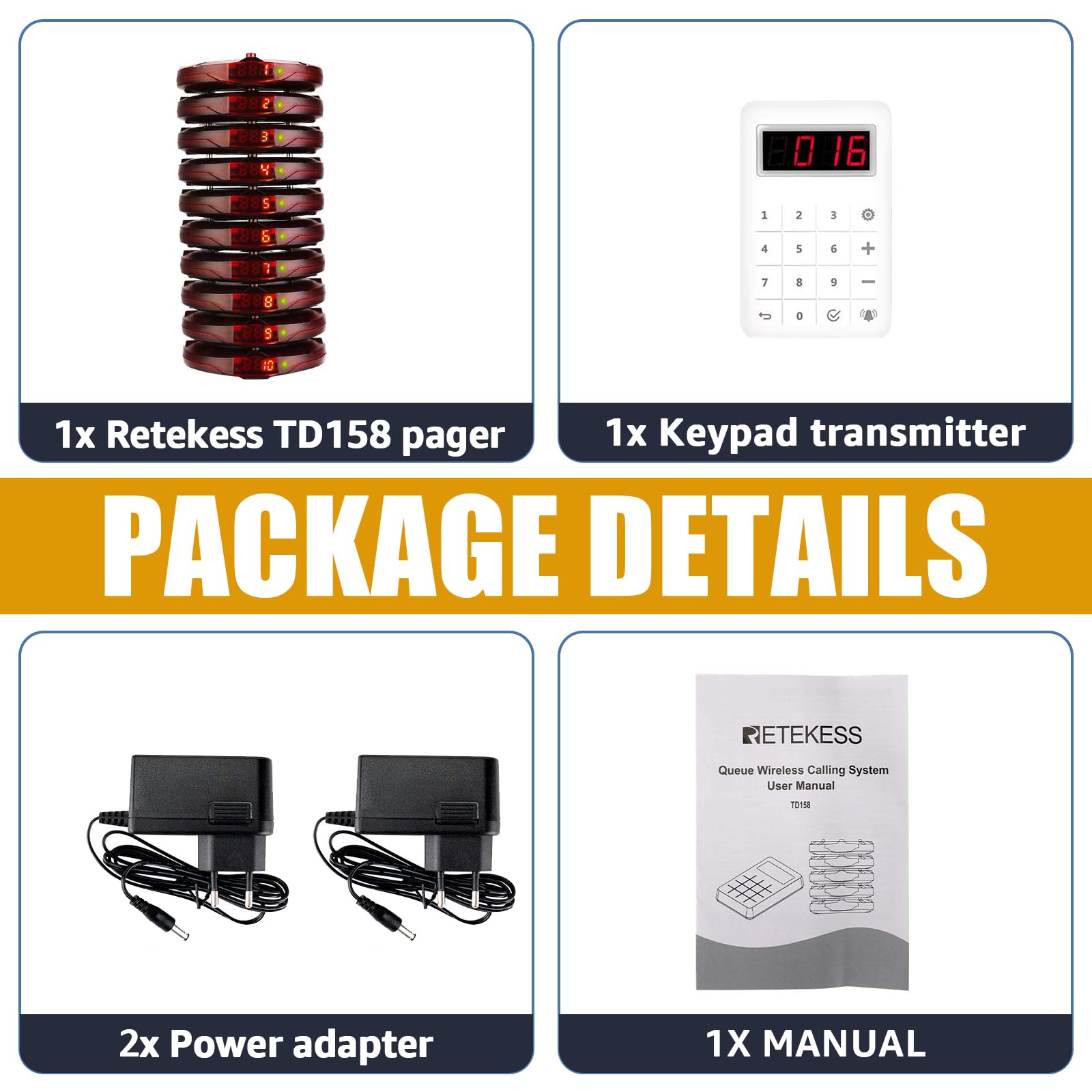 Retekess TD158 Pager Restauracyjny, Bezprzewodowy System Przywoławczy, Wyświetlacz LED, 4 Tryby Wywoływania, Bateria o Dużej Pojemności, Klawiatura Wyciszająca, Restaurant Pager, Hotel