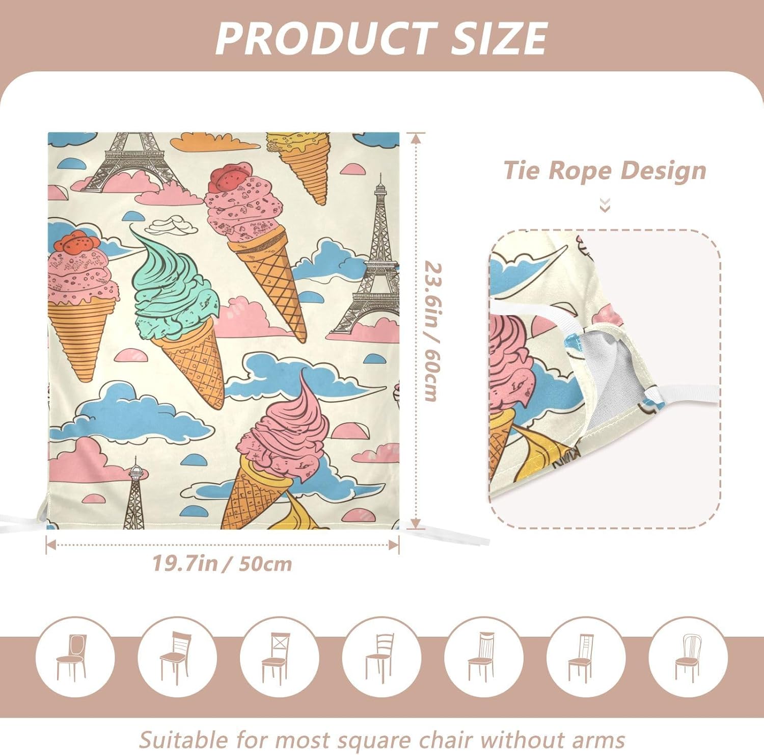 ALAZA Ice Cream Paris Eiffel Tower Chair Back Cover Set of 6, Washable Reusable Removable Chair Slipcovers Decorative Chair Cover for Home Kitchen Wedding Party