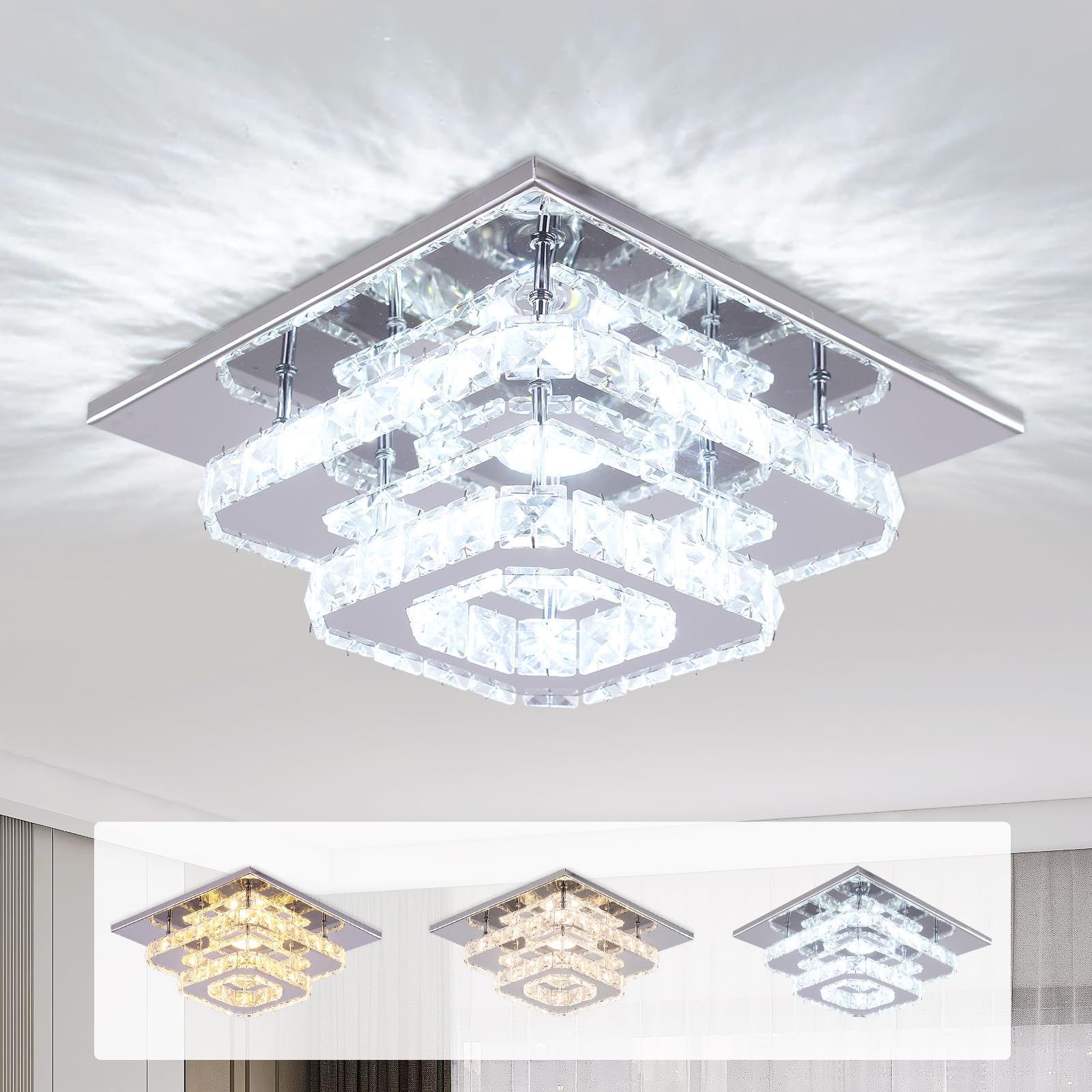 FRIXCHUR 9.8" Crystal Ceiling Light, 3-Color LED Square Flush Mount Chandelier, 2-Layer K9 Crystal Ceiling Lamp for Bedroom Living Room Dining Room Hallway Foyer 25W