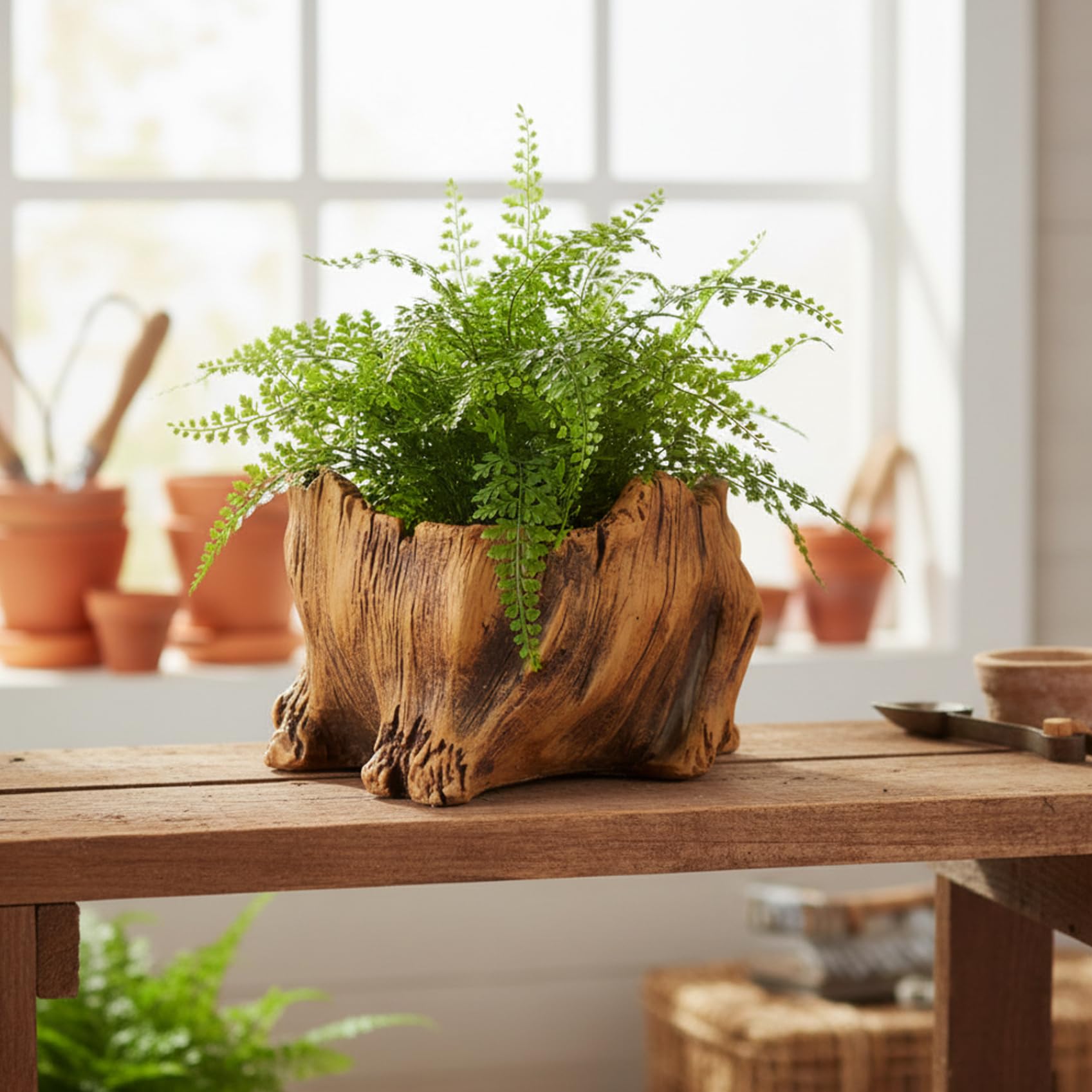 Latemeia Vintage Driftwood Planter, Cement Cactus Planter with Realistic Wood Texture - Rustic Bronze Finish Decorative Flower Pot for Succulents, Home & Garden Decor, Ornaments extérieurs