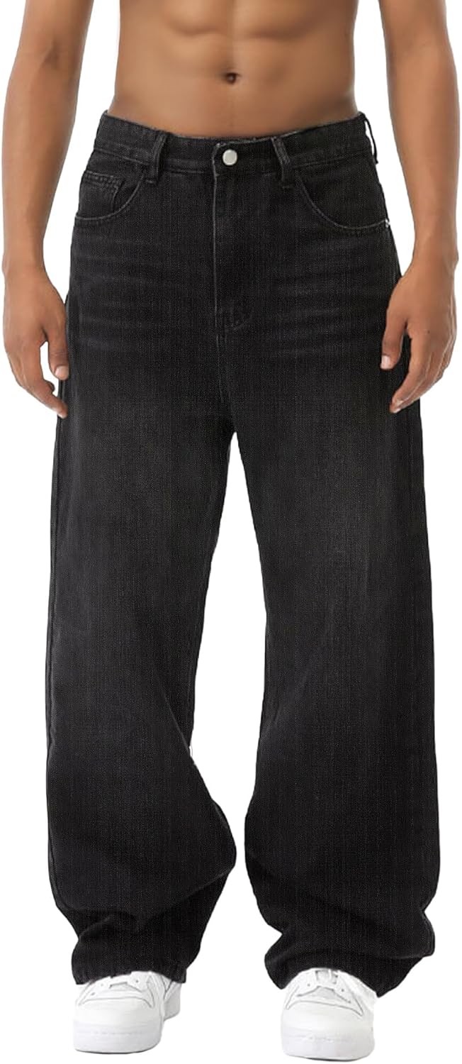 EMMIOL Baggy Jeans Men Wide Leg,Y2k Hip Hop Skater Denim Cargo Pants Casual Loose Fit,Relaxed Long Trousers