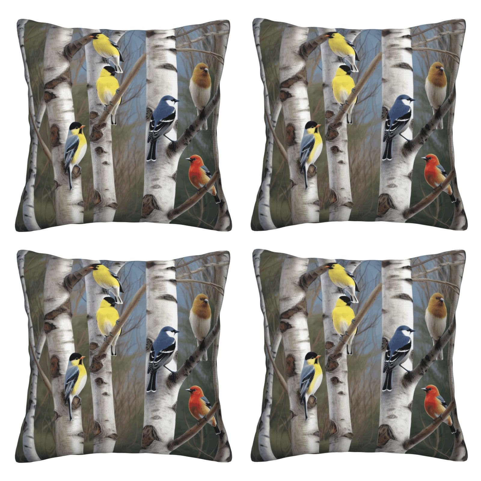 birds in birch tree Throw Pillow Cases 4 Pack Square Pillowcases Super Soft Pillow Protectors With Zipper for Couch Livingroom Sofa Bed Office Car,30x30 CM