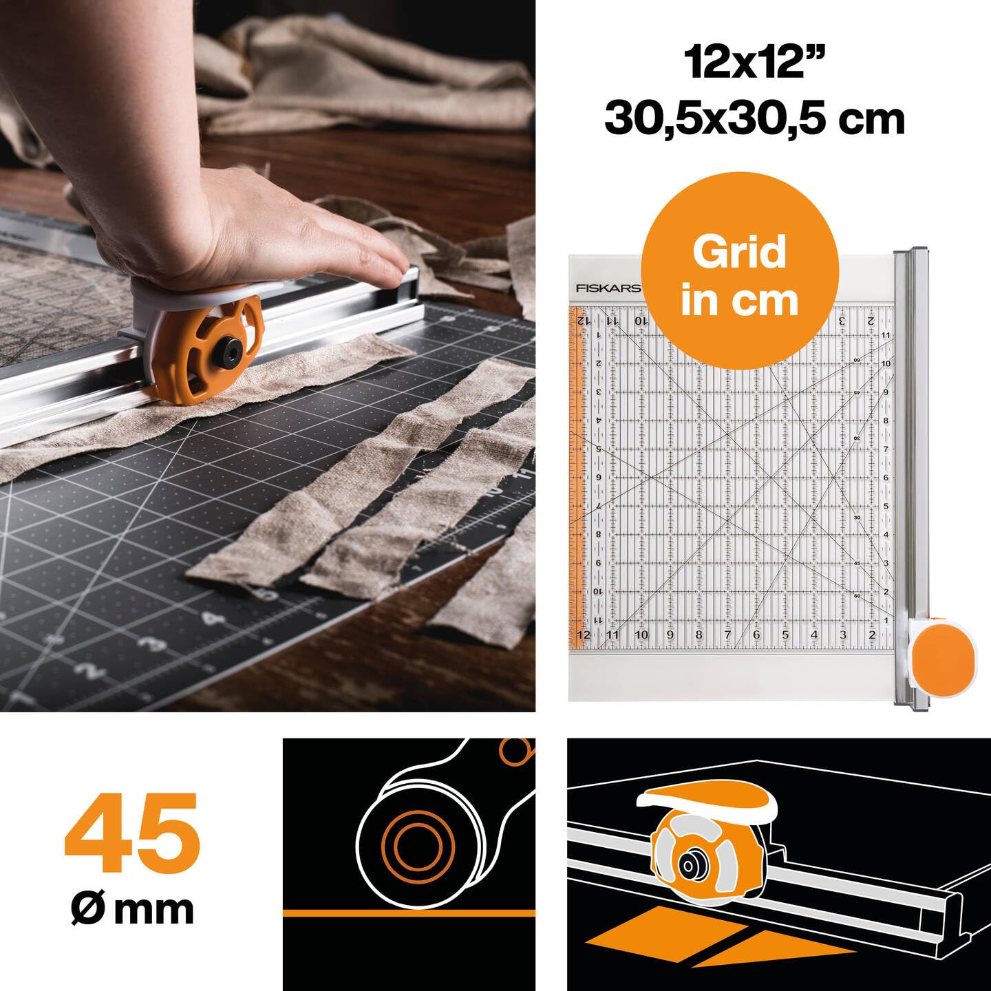 Fiskars Taglierino con lama rotante e righello, 12” x 12”, Arancione/Bianco, 1016264