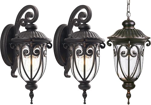 Lámpara exterior, 2 soportes de pared (sin sensor) + 1 lámpara colgante (sin sensor)