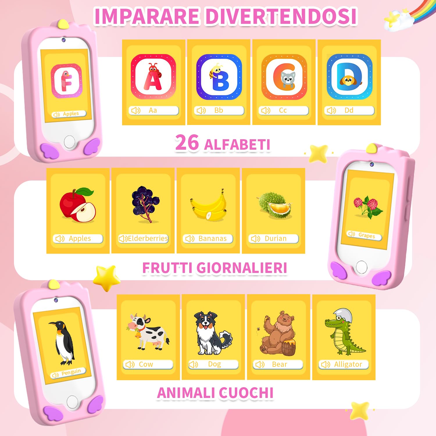 CHAKEYAKE Telefono per Bambini, Macchina Fotografica Bambini con 2,8" Tattile, Doppio Kamera, Lettore MP3, Scheda SD 32 GB, Regali di Natale e Compleanno per 3 4 5 6 7 8 9 10 Anni (Rosa)