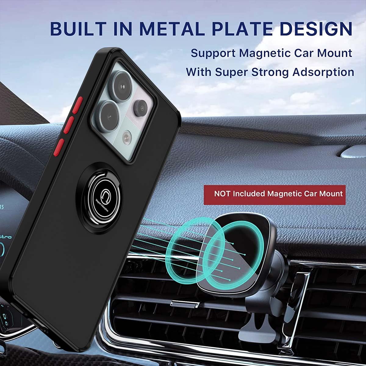 GOKEN Cover per Xiaomi Redmi Note 13 PRO 5G / Poco X6 5G, TPU/PC Dual Layer Hybrid Armor Custodia con Supporto Magnetico Auto, Silicone Cover con 360° Girevole Anello,Antiurto Protezione Shell, Nero