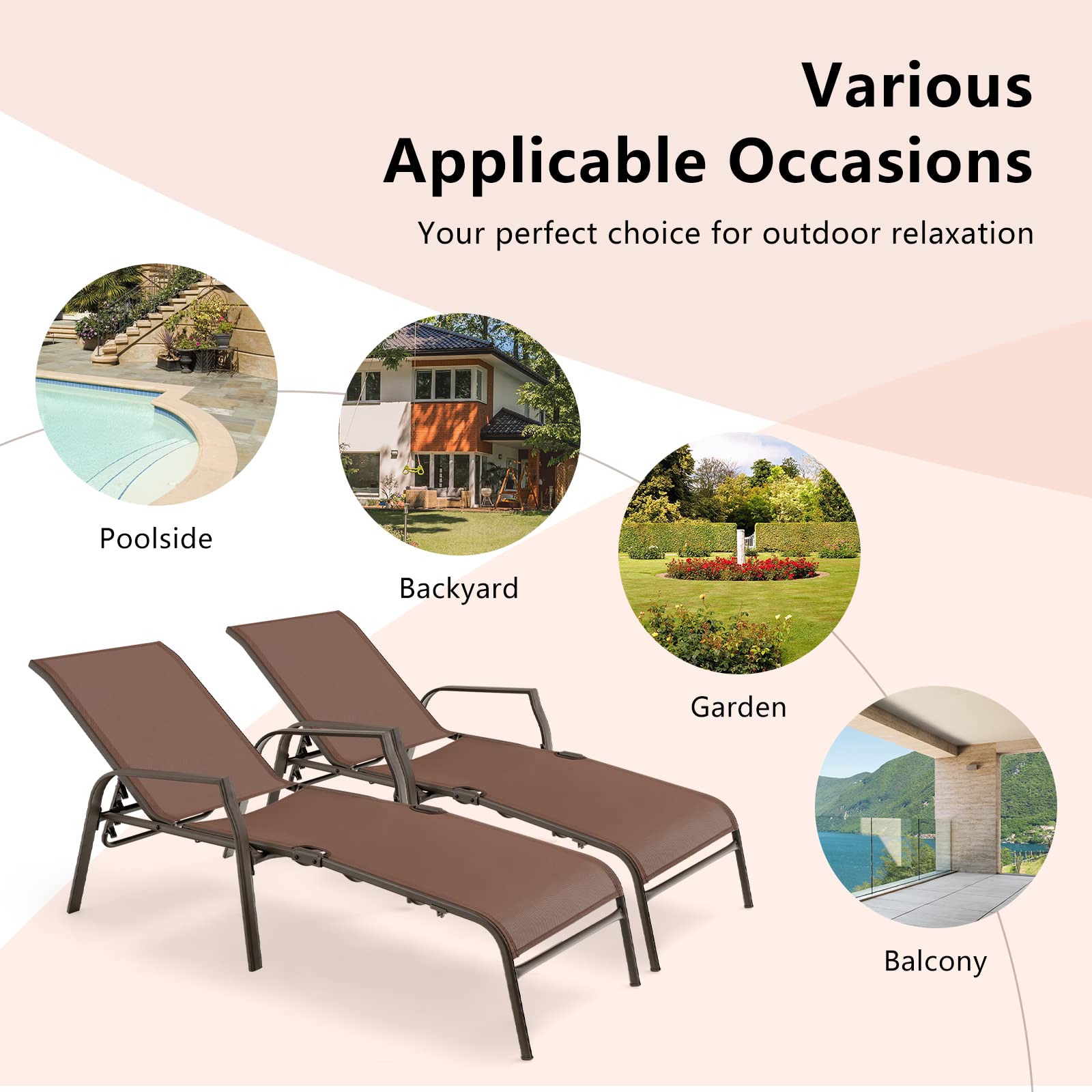 Giantex Lot de 2 chaises longues pliantes - Avec dossier réglable sur 5 niveaux - En cadre en acier et textilène - Charge maximale : 150 kg - Marron