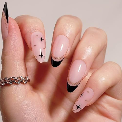 Miniatura 2 de BettyCora - Uñas postizas a presión de estrella francesa negra, tamaño mediano, almendra, para el Día de la Madre, 12 tamaños, 24 piezas, kit de