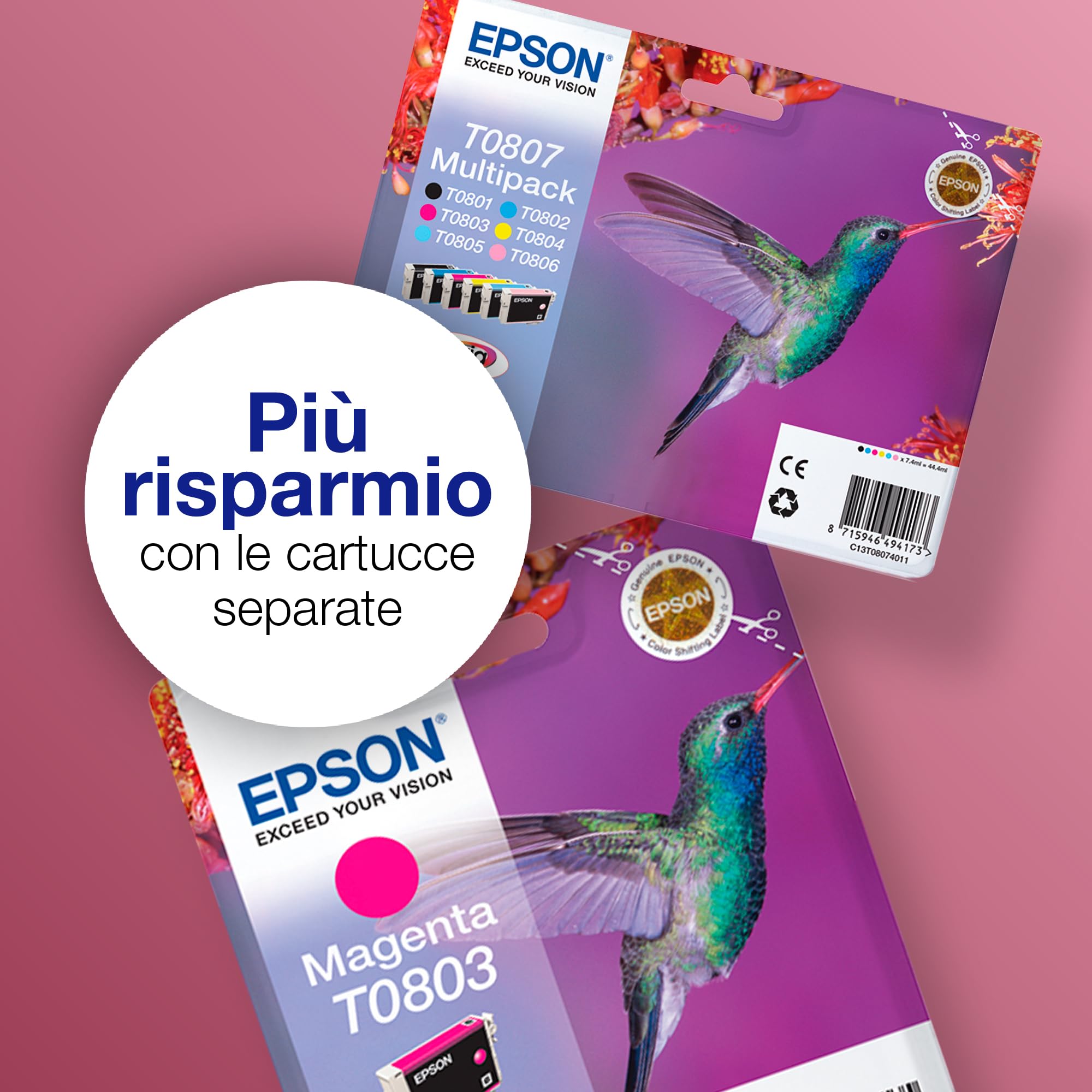 Epson Multipack di cartucce originali Colibrì T0807-6 colori: Cartuccia nero, ciano chiaro, magenta chiaro, magenta, giallo - 6 x 7,4 ml