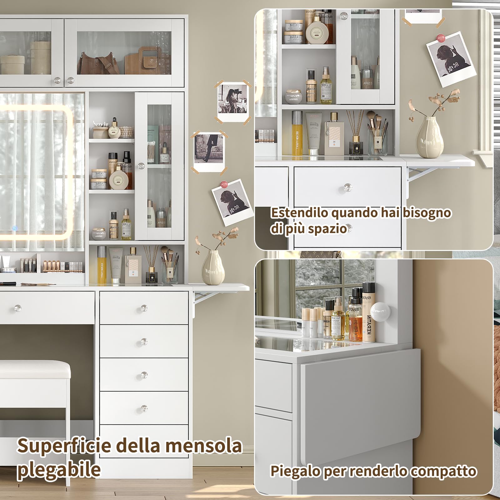 Yanosaku Tavolo da trucco con specchio, con illuminazione LED a tre colori regolabile e prese elettriche, 6 cassetti, 3 armadietti e 7 ripiani aperti, tavolo da trucco bianco con sgabello