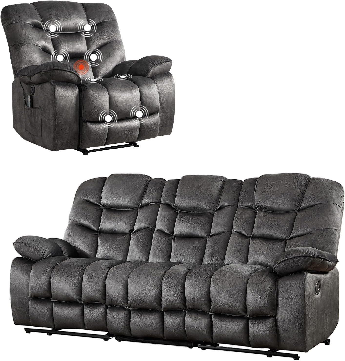2-Piece Recliner Sofa Couch Set, Include Single Power Electric Recliner Chair with Massage& Heat and 3 Seat Manual Reclining Sofa for Living Room Bedroom, Grey