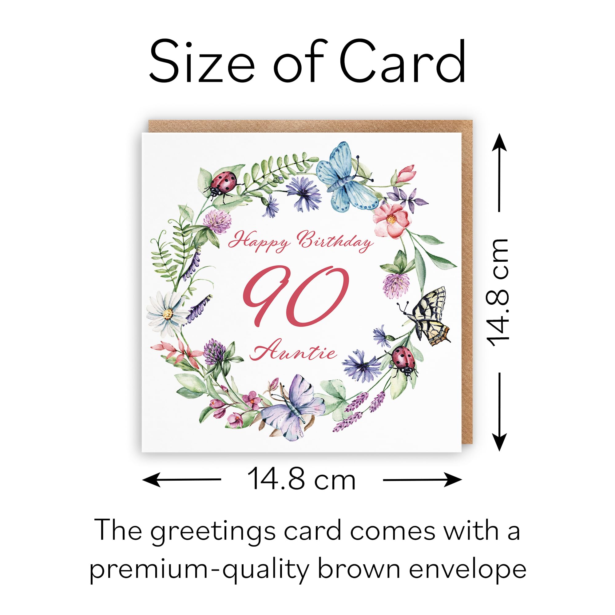 Hunts England Biglietto Di Auguri 90° Compleanno, Floreale, 148x148 Mm, Con Busta Marrone