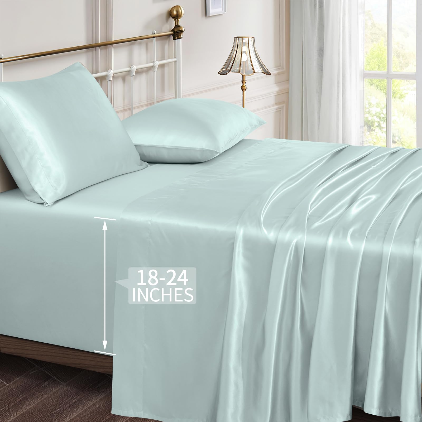 Vonty Satin Sheets Extra Deep Pocket Queen Sheet Sets - Cooling & Silky Satin Queen Size Sheets with 18-24 Inch Deep Pocket, Ice Blue Satin Bed Sheets Fit Up to 24" Deep Mattress - 4 Piece