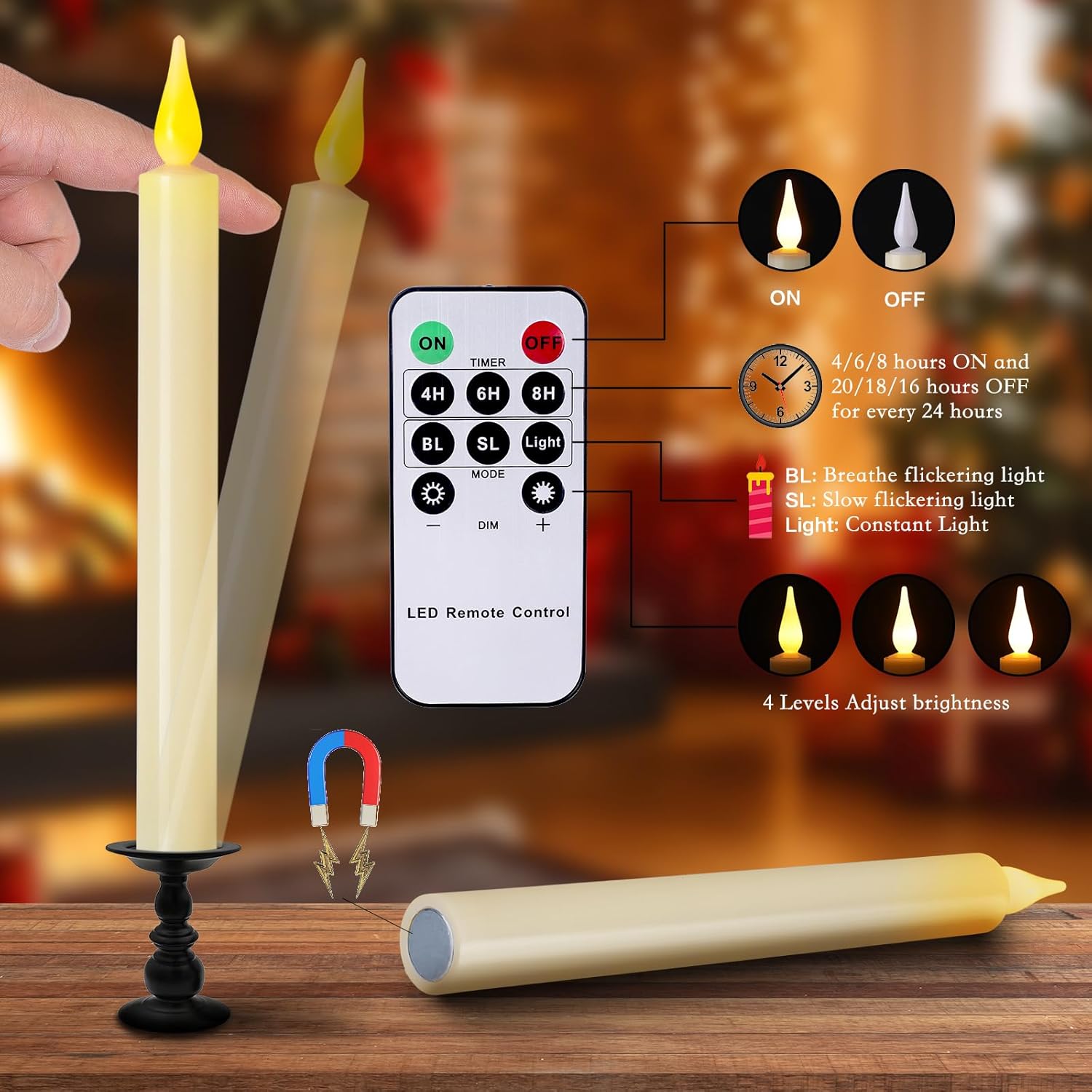Christmas Window Candles with Remote Timer, Flameless Taper Candles with Suction Cups and Magnetic Base Battery Operated Flickering Candle for Christmas Halloween Decoration (6 Pack)