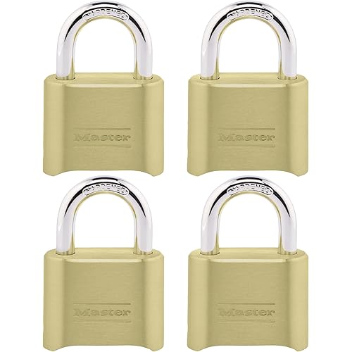 Master Lock Gold Combination Padlock, Gate Lock for Outdoor Fence or Shed, Small Lock with Customizable Code for Indoor or Outdoor Storage, 4 Pack, 175EC4