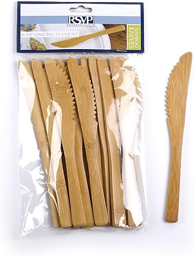 RSVP International - Cuchillos para cubiertos de bambú, 12 unidades, biodegradables y reutilizables, ideales para fiestas, pícnics, camping y más.