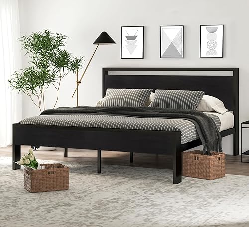 Miniatura 15 de SHA CERLIN Base de cama de plataforma metálica de tamaño completo de 14 pulgadas con cabecero y pie de cama de madera, base de colchón, no necesita