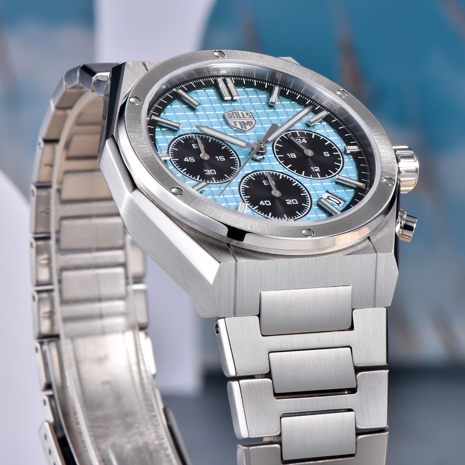 Men's Stainless Steel Chronograph Watch with Sapphire Glass - 39mm Silver Dial, Japanese TMI VK63 Quartz Movement,100M Waterproof,Fold-Over Clasp, Casual/Sporty Design​​