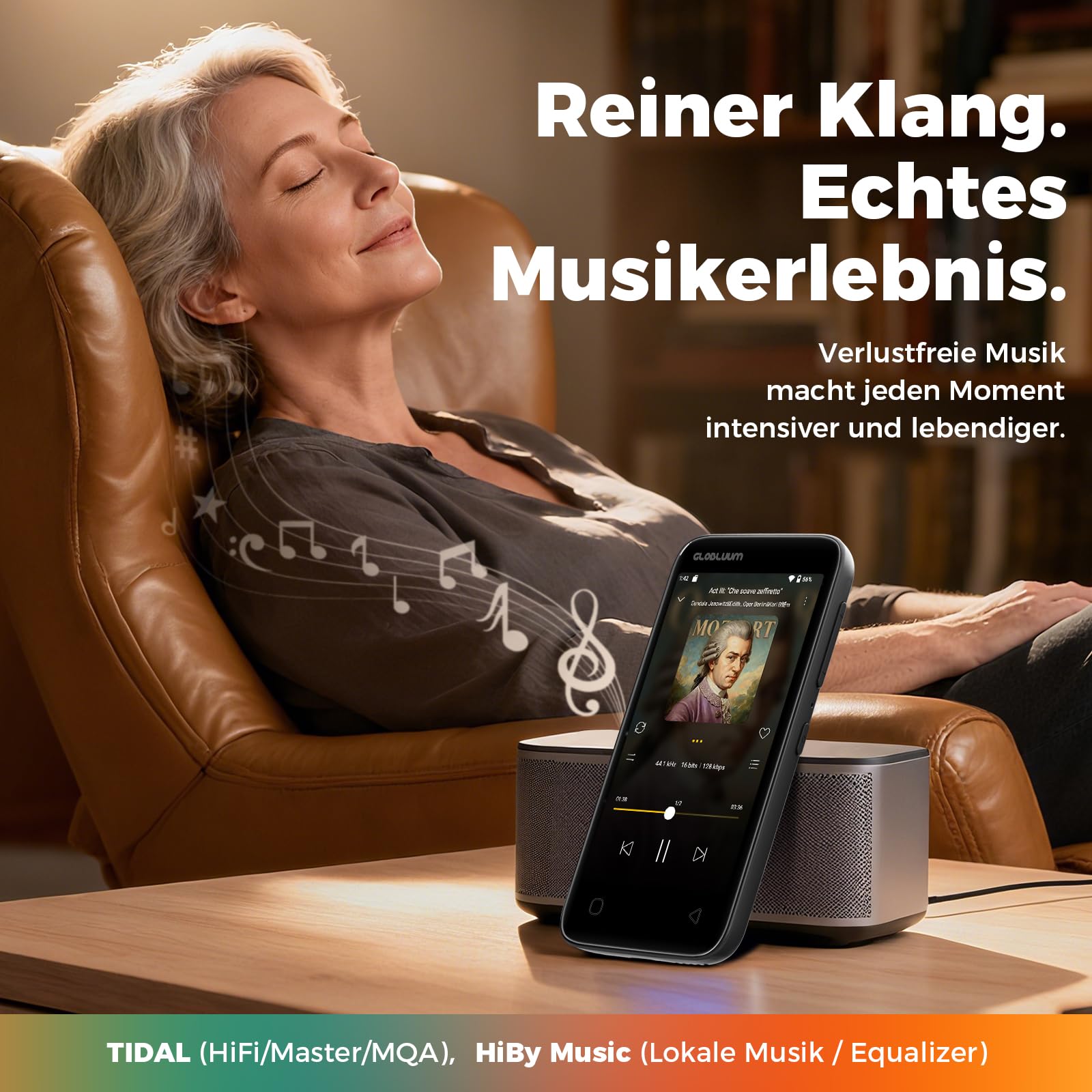 96GB MP3-Player mit Bluetooth 5.0 und WLAN, Musikplayer mit Spotify, Audible, Amazon Music, Spotify Kids, 4-Zoll-Touchscreen Android MP4-Player mit HiFi-Klang, UKW-Radio (Glänzend Schwarz)