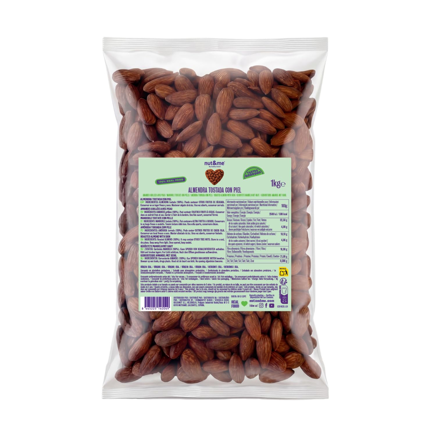 nut&me Almendras tostadas sin sal 1kg Sin gluten Keto Frutos secos Proteina vegana