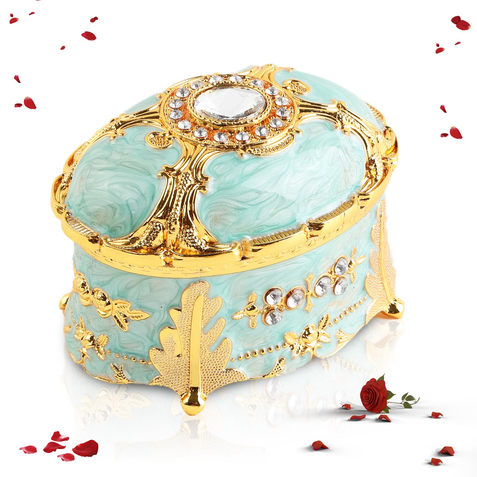 Vintage Green Oval Jewelry Box Metal Small Trinket Box Portable Mini Jewelry Decorative Box for Earrings Rings Necklaces