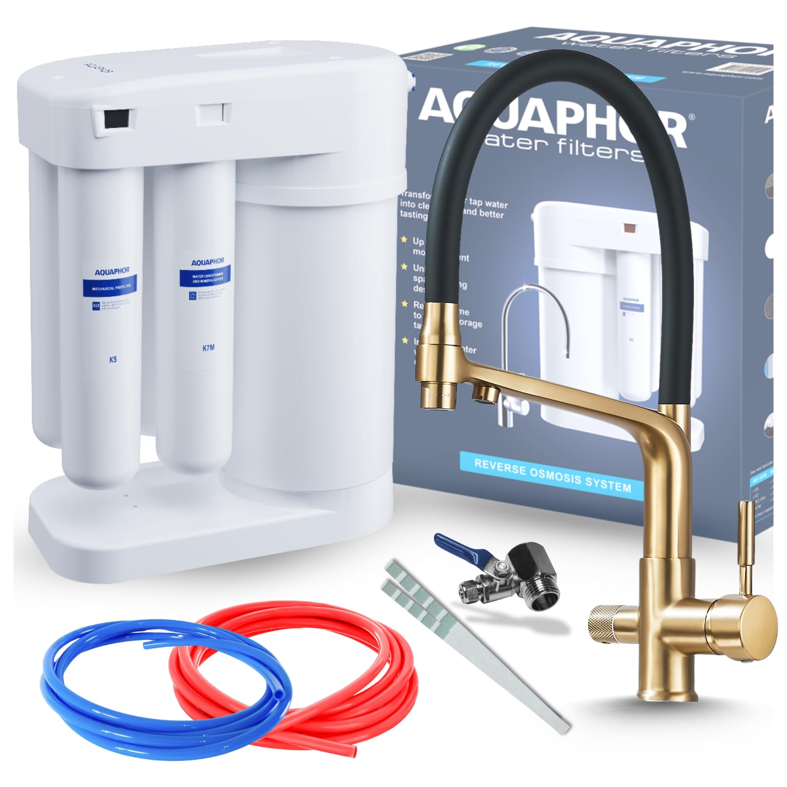 Zestaw Filtr wody pitnej Aquaphor Morion 101S RO + BATERIA kuchenna trójdrożna FLEXIBLE - SZCZOTKOWANY ZŁOTY