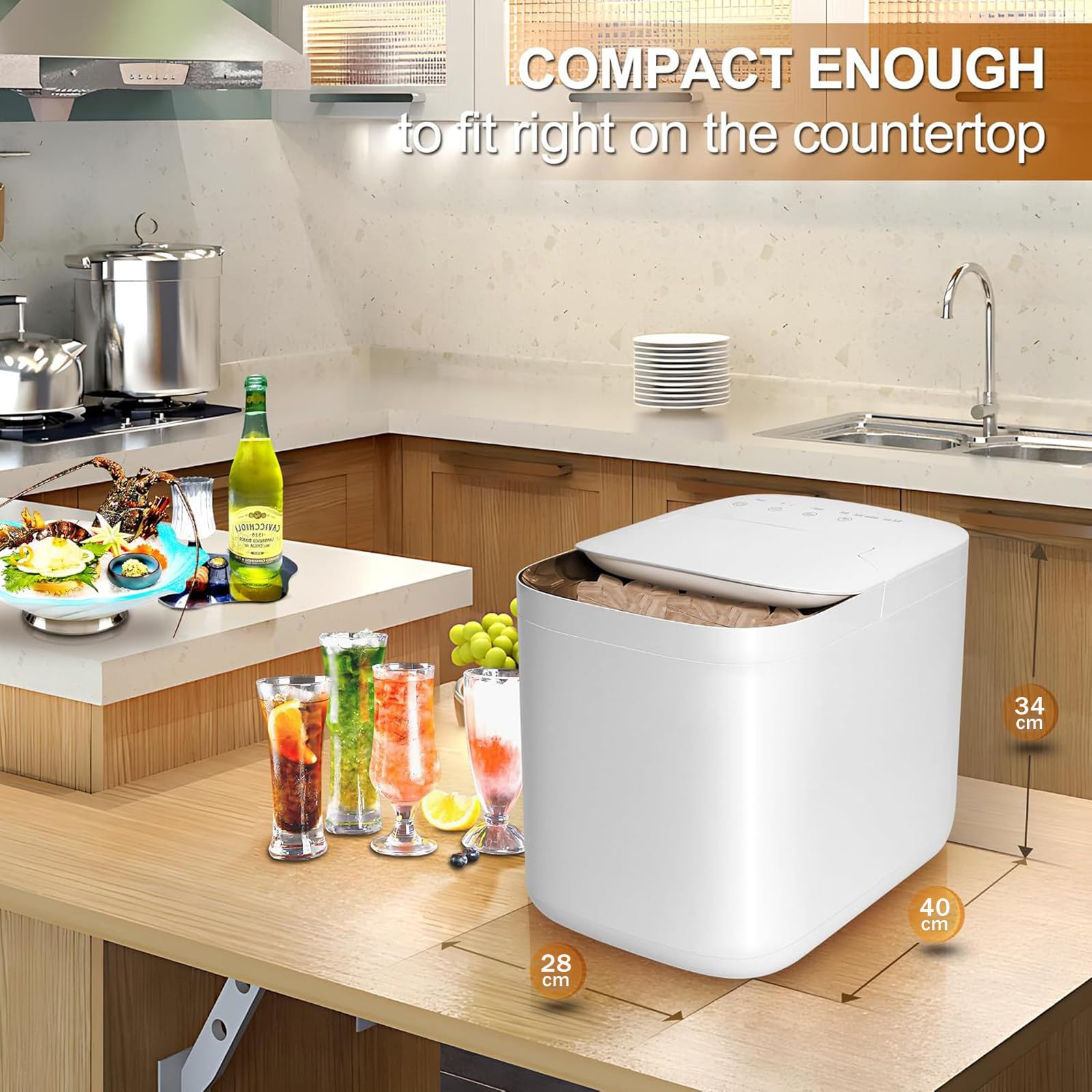 Macchina per Il Ghiaccio da Banco,Macchina per Il Ghiaccio Portatile,Autopulente,Sterilizzazione-UV,15 kg/24 Ore,2 Misure di Ghiaccio,9 Cubetti di Ghiaccio in 6 Minuti,per Casa/Camper/Bar
