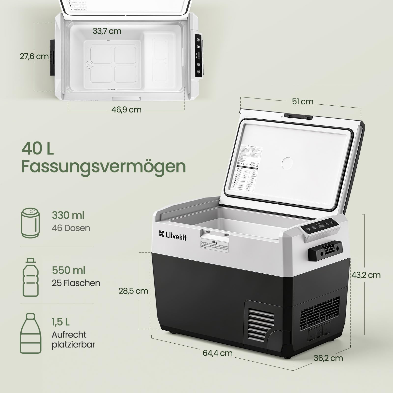 LLIVEKIT 40L Kompressor Kühlbox, -20~20°C, Tragbarer Kühlschrank, 12/24V DC | 100-240V AC, mit Beleuchtung, für Auto, LKW, Camping, Boot, Zuhause, AC und DC-Kabel, Schwarz