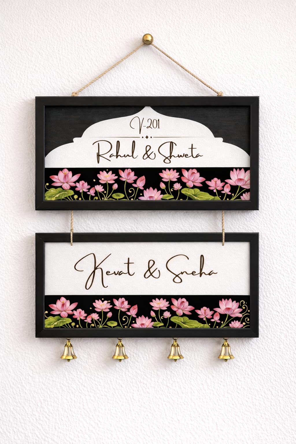 Webelkart Customized Wooden Couple Name Plate For Home Entrance outdoor With Bells | Handcrafted Floral Wooden Name Board for Home Decor | Perfect Wedding, Anniversary & Housewarming Gift - 17 Inches (Lotus Flower) — Amazon image 2