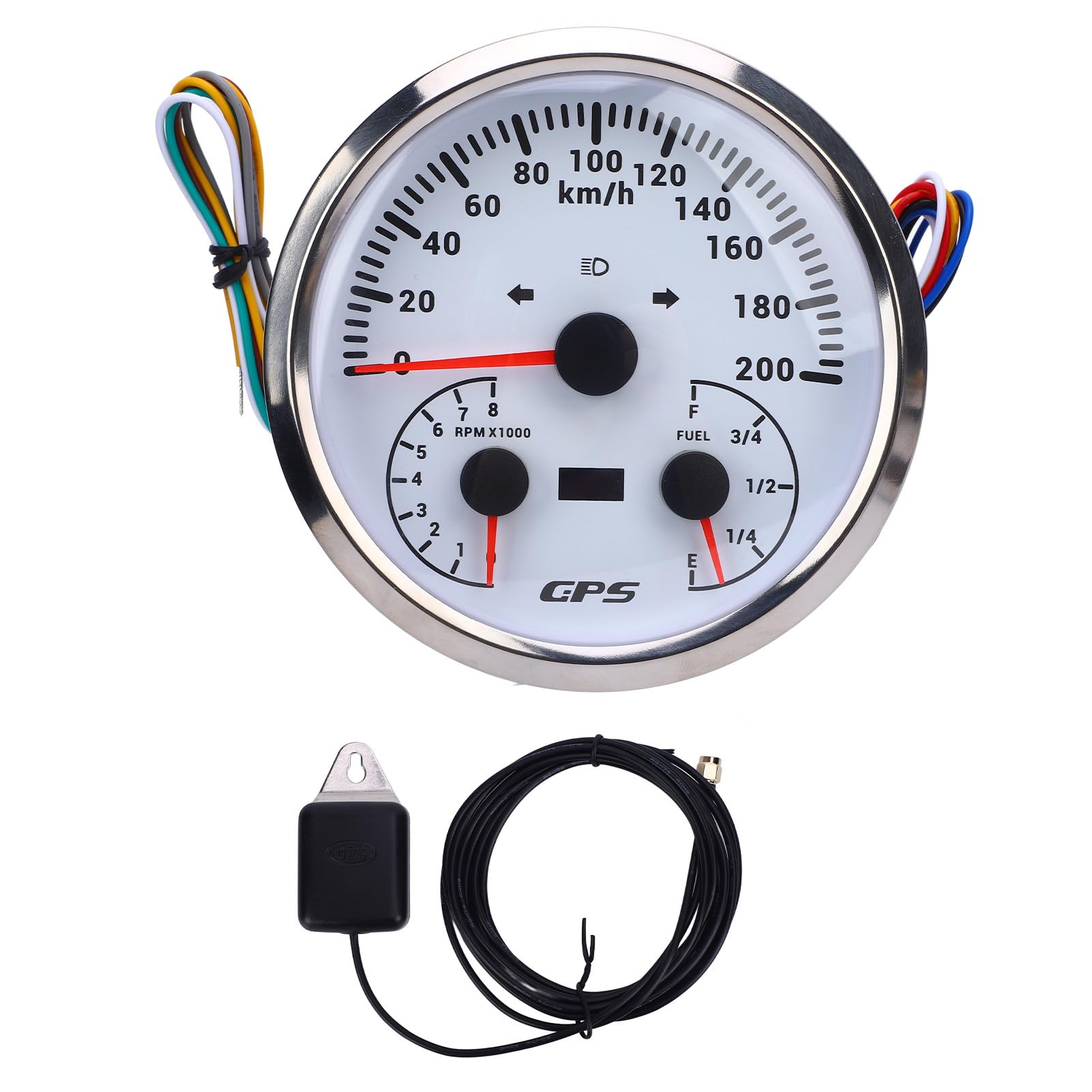Medidor de odómetro GPS, velocímetro de 110 mm, tacómetro, 0-200 KM H, 0-8000 RPM, indicador de nivel de con señales de giro para camión yate RV (Esfera blanca y bisel plateado CXA098)