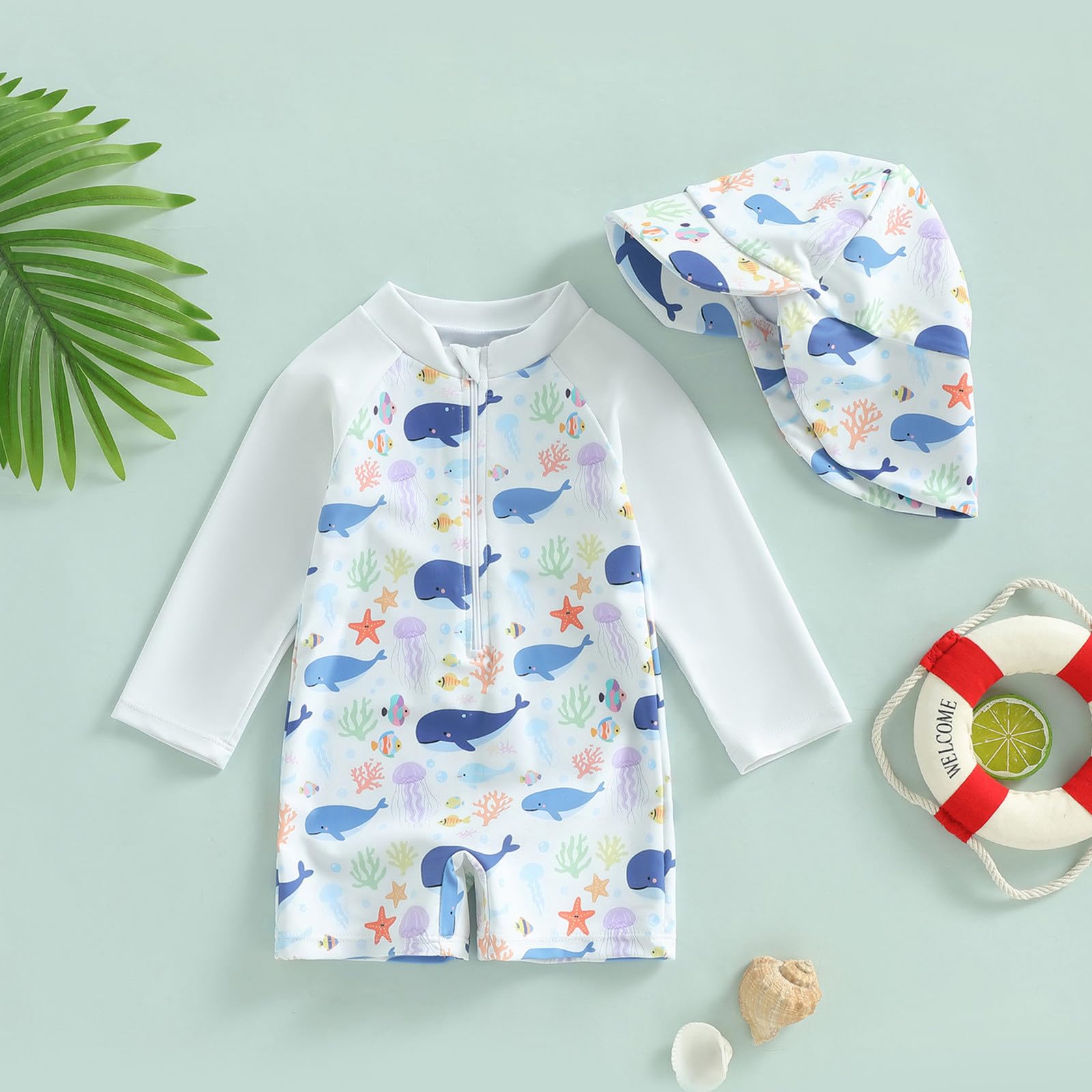 Baby Badeanzug mit Hut Einteiler Kleinkind Langarm Badeanzug UV Sunsafe Baby Mädchen Jungen Reißverschluss Bademode Rashgard Bademode