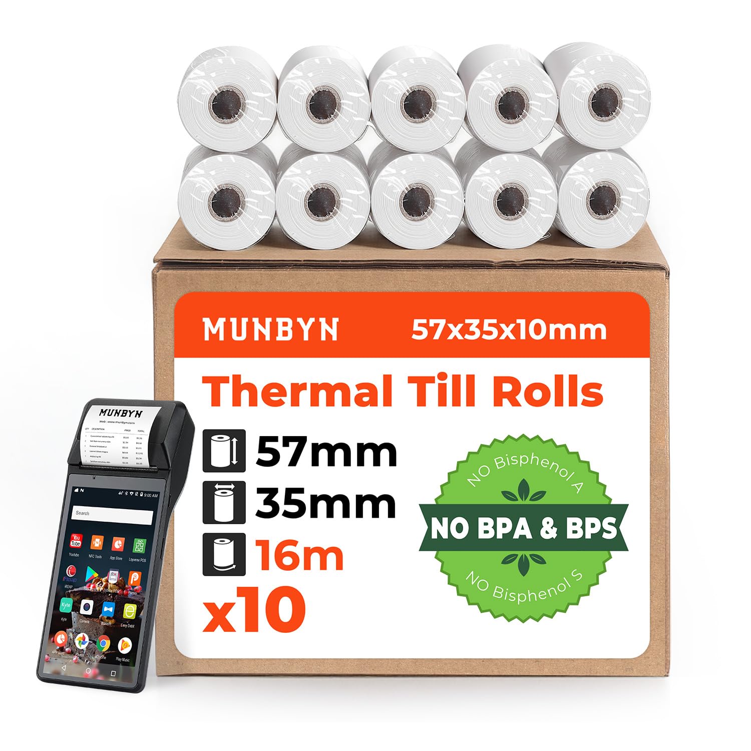 MUNBYN Till Rolls 57mm x 35mm x 16m PDQ Rolls, Thermal Printer Rolls for PDQ, POS, EPOS, Kids Instant Cameras, Cash Register- 57mm Card Machine Paper Rolls(10 Rolls) - BPS/BPA Free