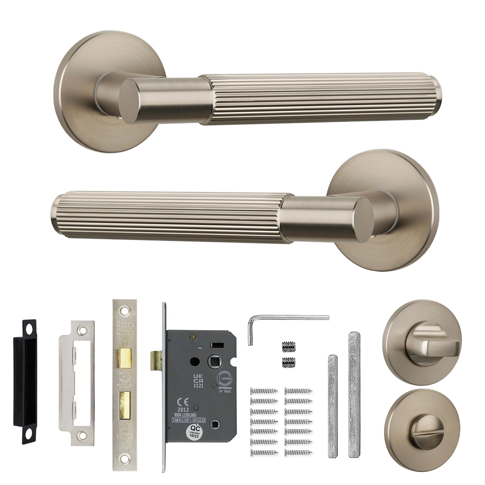 Decoranddecor Hera Silver Internal Door Handles - Aluminium Handle Sets with Bathroom Lock and Turn Release - Sleek and Durable Design for Wooden Interior Doors in Homes and Offices