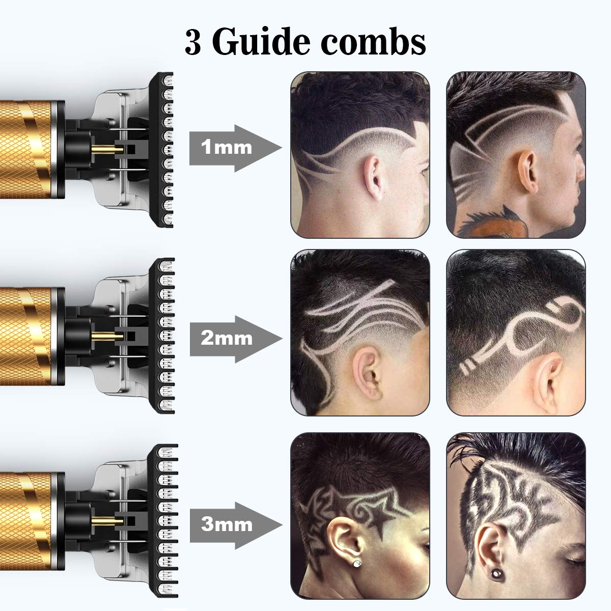 TKTK Hair Trimmer, TKTK Pro Hair s, T-Blade Outliner Hair Trimmer Low Noise s for Men Rechargeable Electric Hair Cutting Set with 3 Combs for Professional Barbershop Use (Golden) 3