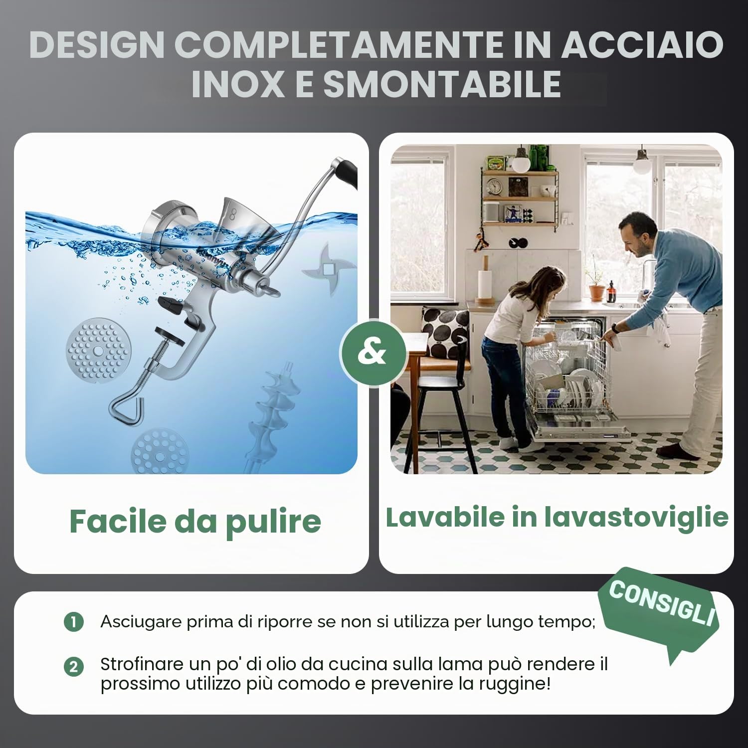 Huanyu Tritacarne in Acciaio Inox con Salsiccia - Tritacarne Manuale Lavabile per Manzo, Maiale e Verdure - M8