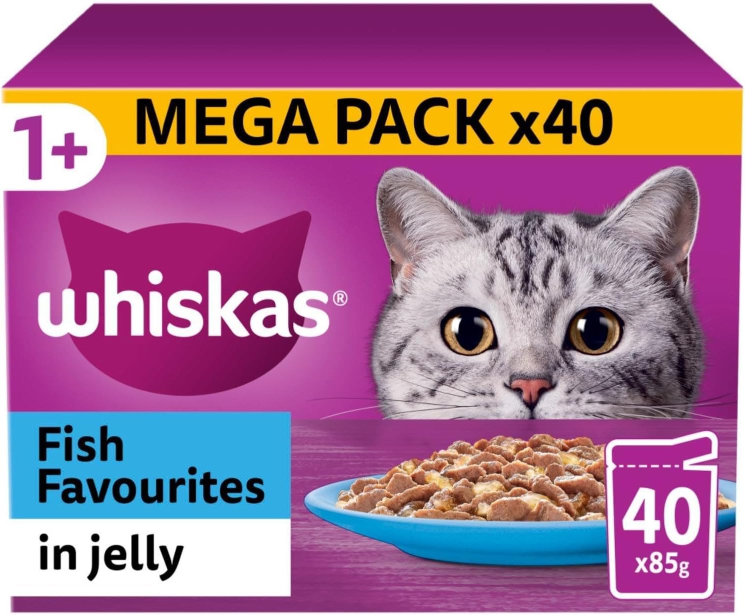 120 x 85g Whiskas 1+ Fish Favourites Mixed Adult Wet Cat Food Pouches in Jelly