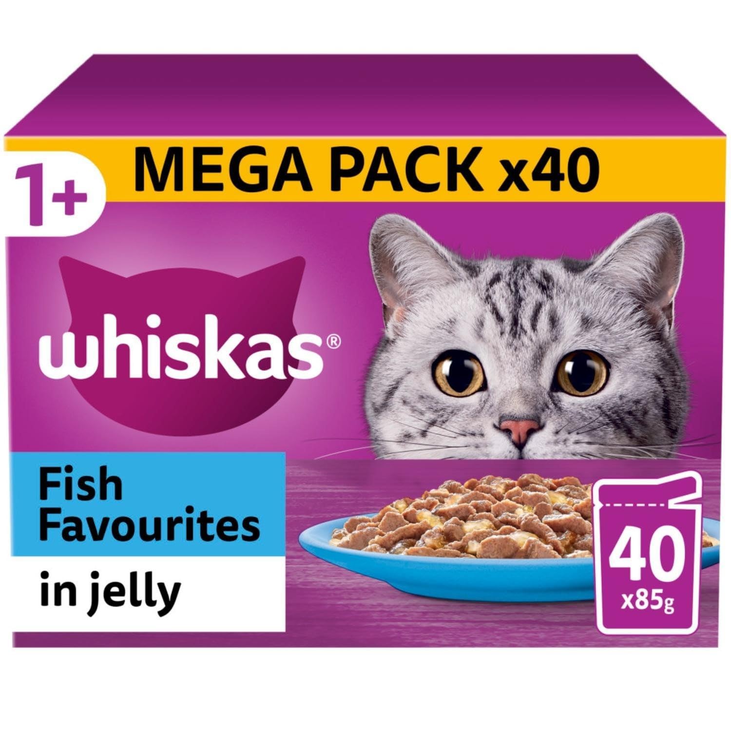 120 x 85g Whiskas 1+ Fish Favourites Mixed Adult Wet Cat Food Pouches in Jelly