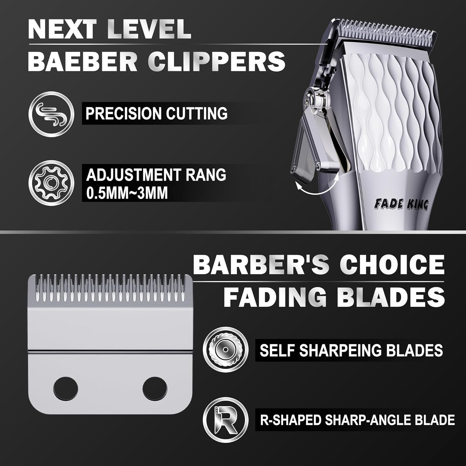 Close-up of FADEKING clipper blade with precision cutting and adjustment range details