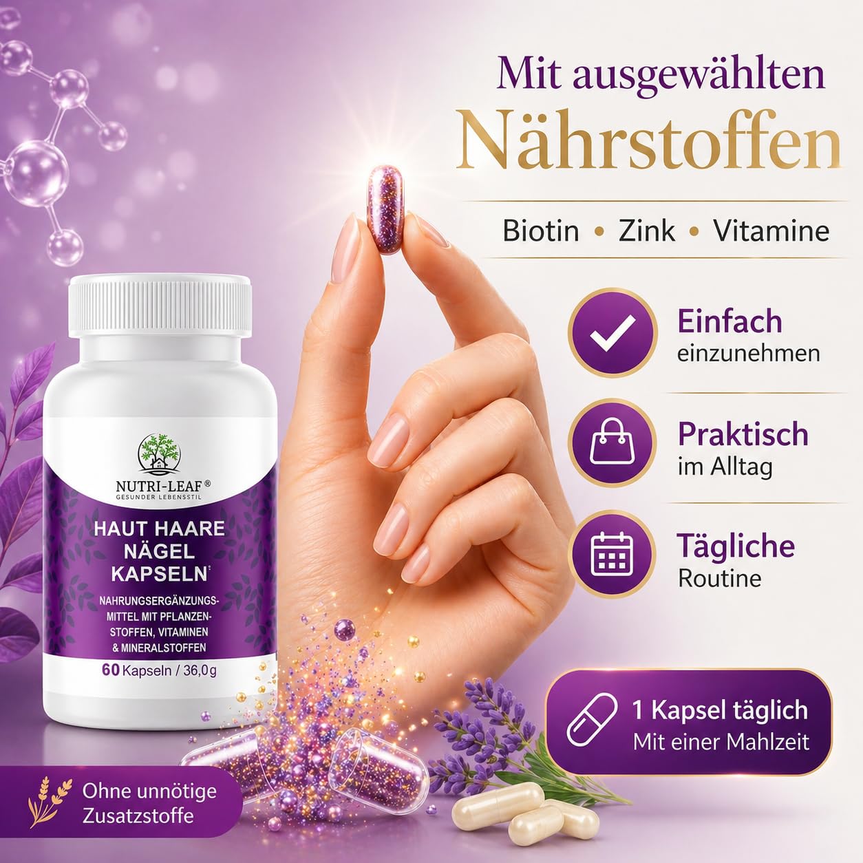 NUTRI-LEAF Haut-Haare-Nägel Kapseln hochdosiert mit Biotin, Silicium, Hirse, Brennnessel, Zink und B Vitaminen – Nahrungsergänzungsmittel (5)