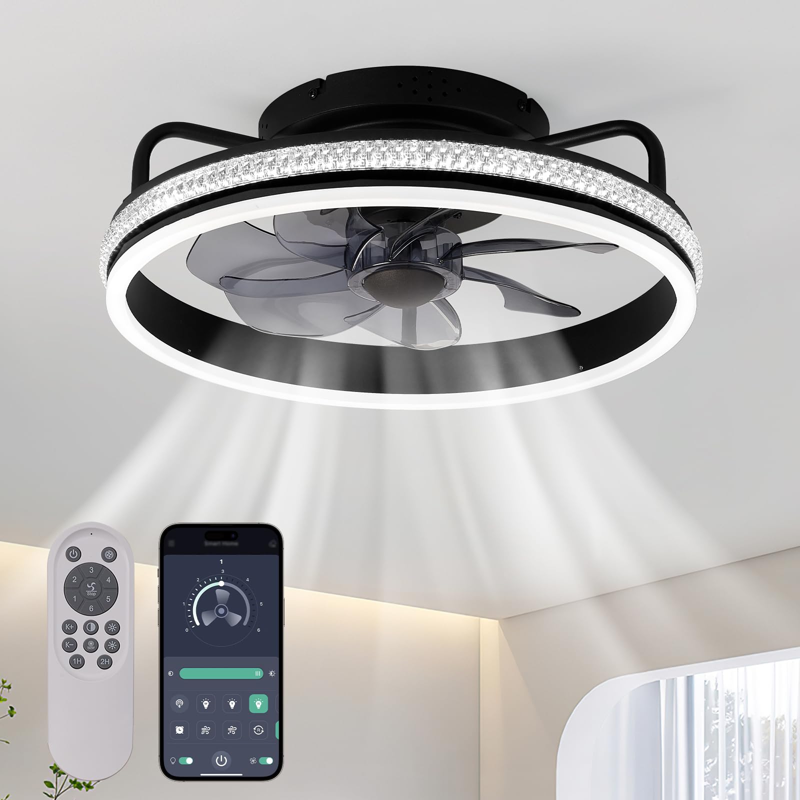 Photo 1 of 15.7" Low Profile Ceiling Fan with Light, Flush Mount Ceiling Fan with Light, 6 Speeds and Reversible wind for All Season, LED Dimmable, 3 Color Temperature Optional, DC Motor,With Remote & APP