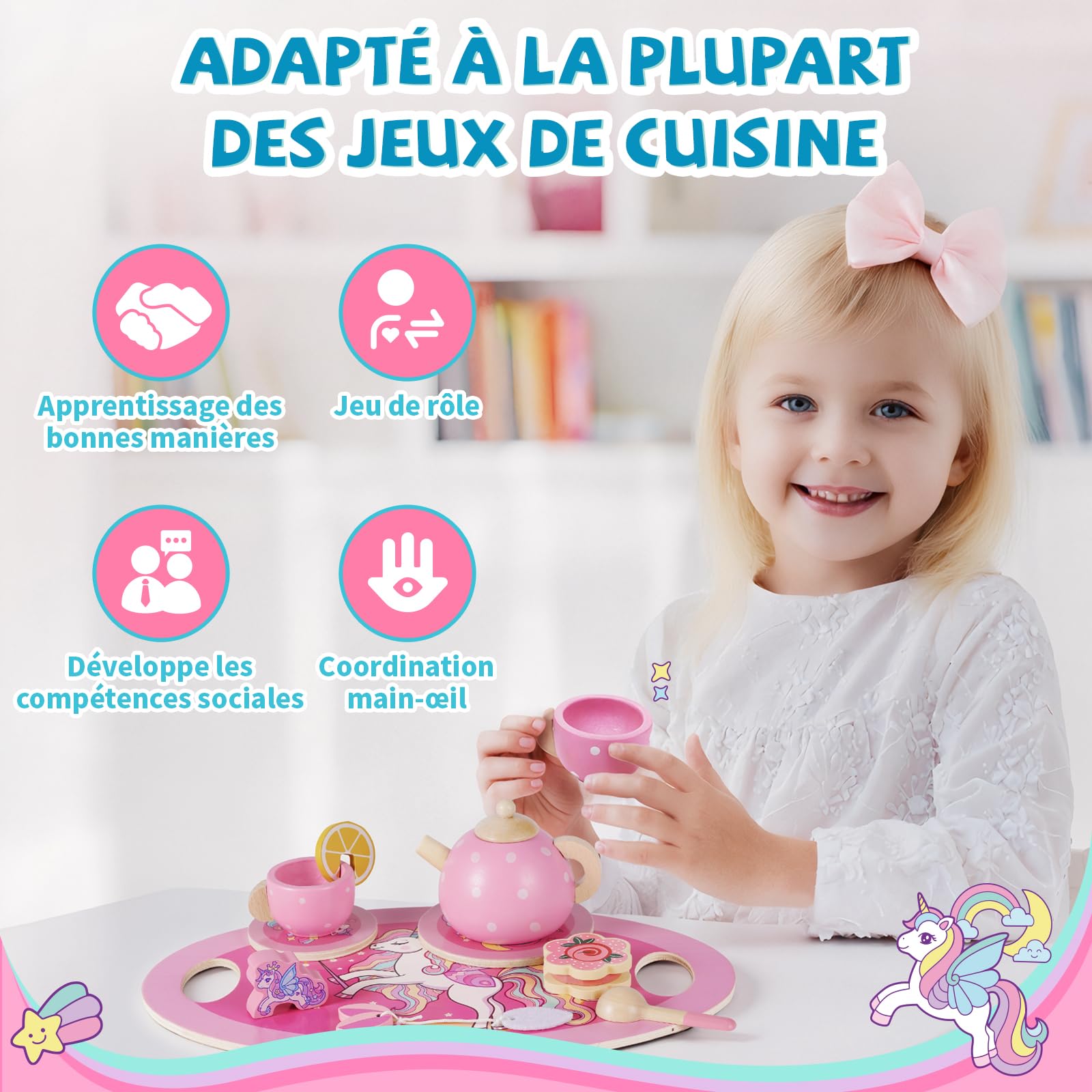 Jouet Fille 2-6 Ans,Licorne Services à Thé en Bois Montessori, Accessoire Cuisine Enfant avec Figurine Licorne et Dessert, Dinette Enfant 2-6 Ans Cadeau Anniversaire Cadeaux de Pâques pour Enfants