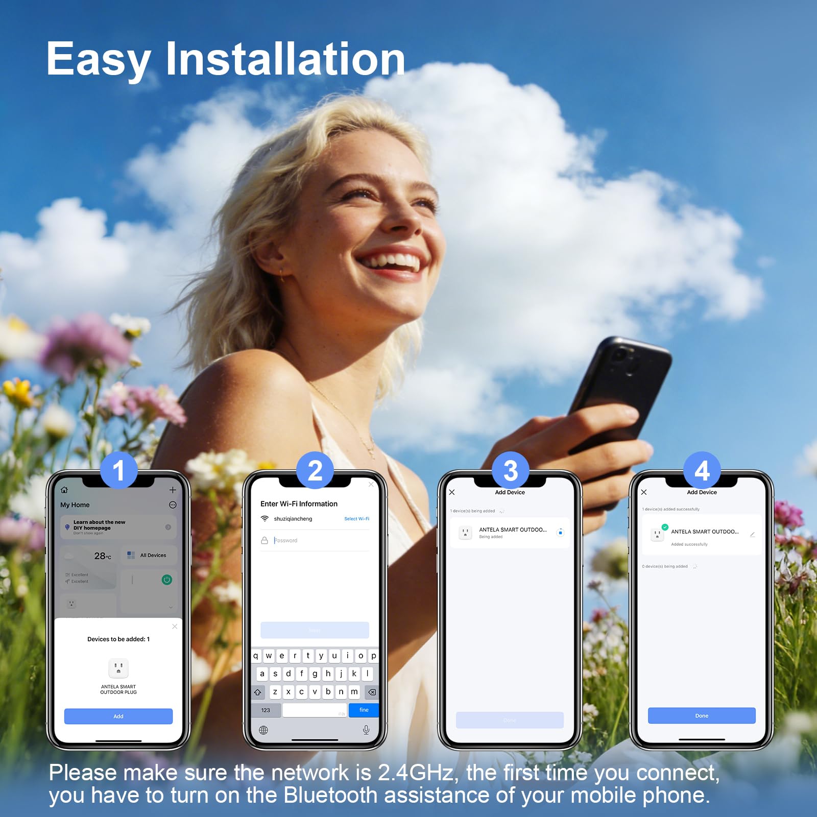 ANTELA Presa Smart WiFi per Esterni con Monitoraggio Energetico IP54 | Type F, 16A, 3680W, Compatibile con Alexa e Google Home, Telecomando, Timer, 2,4 Ghz Wifi, 4Pz