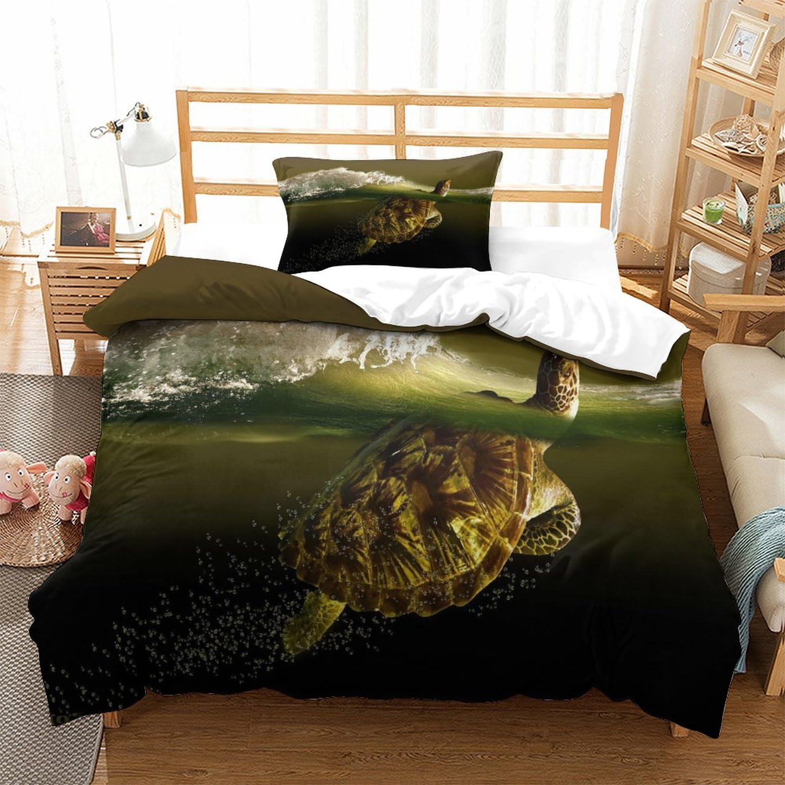 P1s9u7w5y Sea Turtle-3 Realistic Turtle 3D Printed Duvet Cover Set 3Pcs Microfiber Underwater Animal Bedding Set Single（135X200cm）