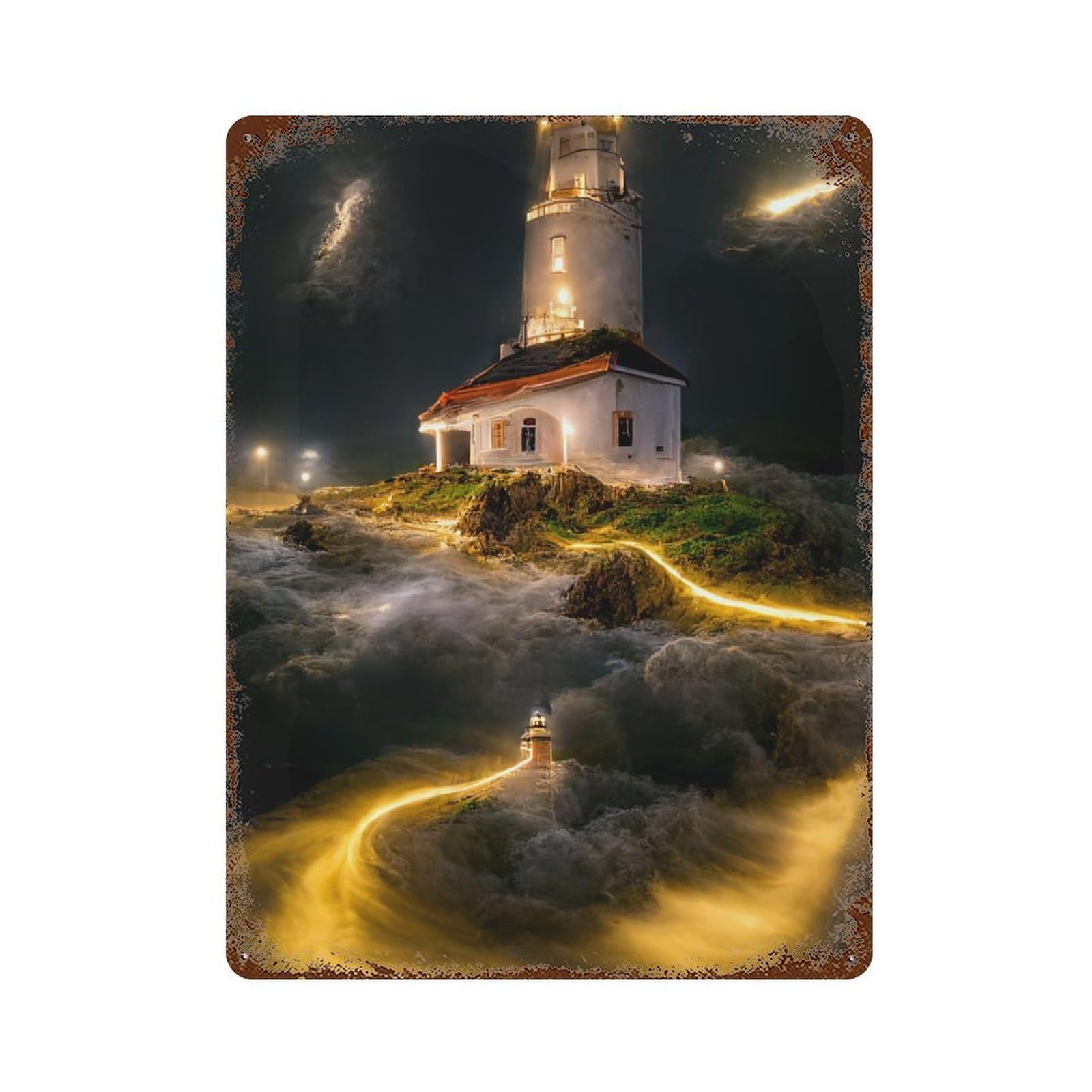 Night Lighthouse with Waves Rusty Metal Tin Sign 15.7"x11.8", Vintage Wall Decor for Garage, Pub Or Kitchen