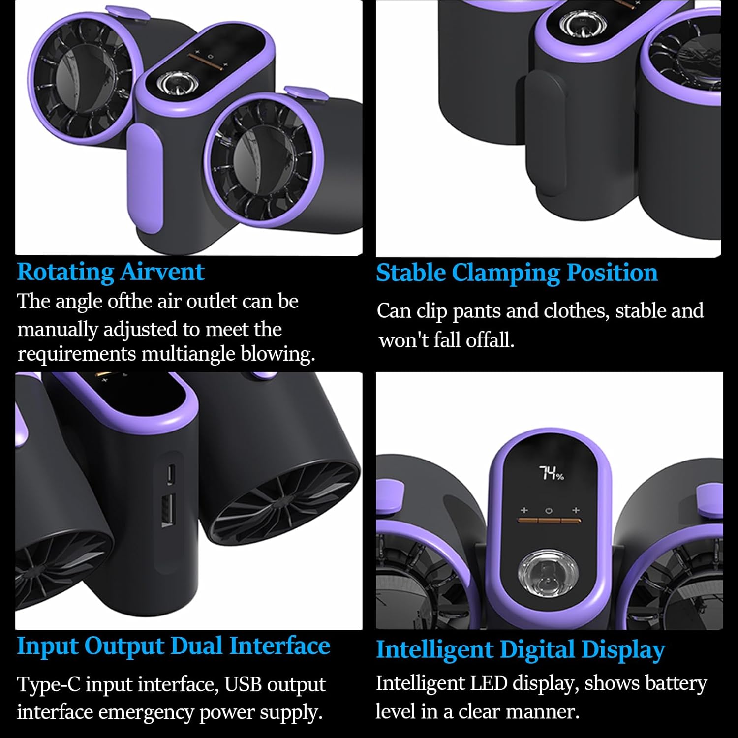 Double Head Hanging Waist Small Fan Cooling Fan, Small Portable Fan, Camping Fan with Lighting, Intelligent Digital Display, Mini Desk Fan for Outdoor Sports, Home, Office, Bedroom (Dark Gray)