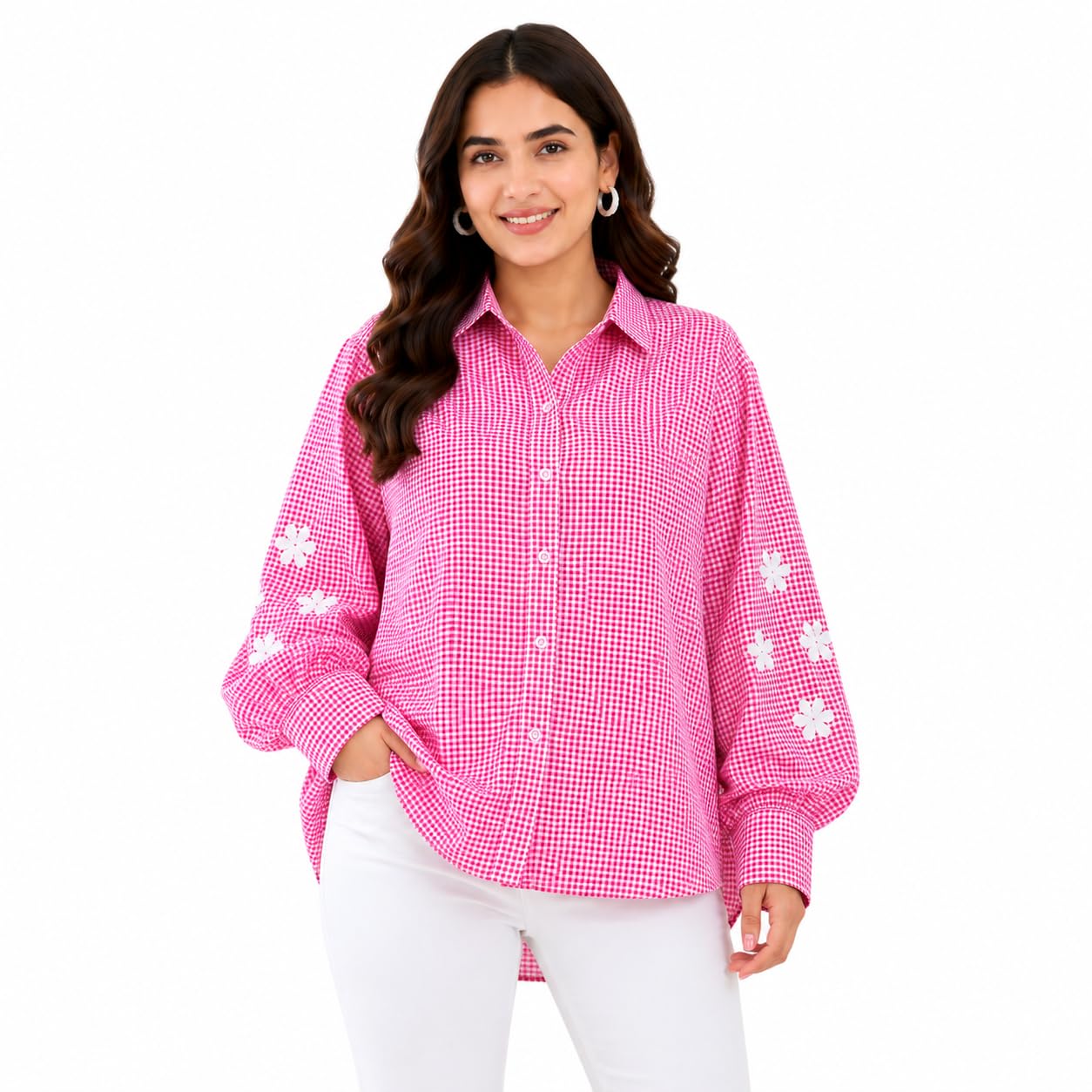 Women's Pink Gingham Check Oversized Shirt with Floral Embroidery-picture-36