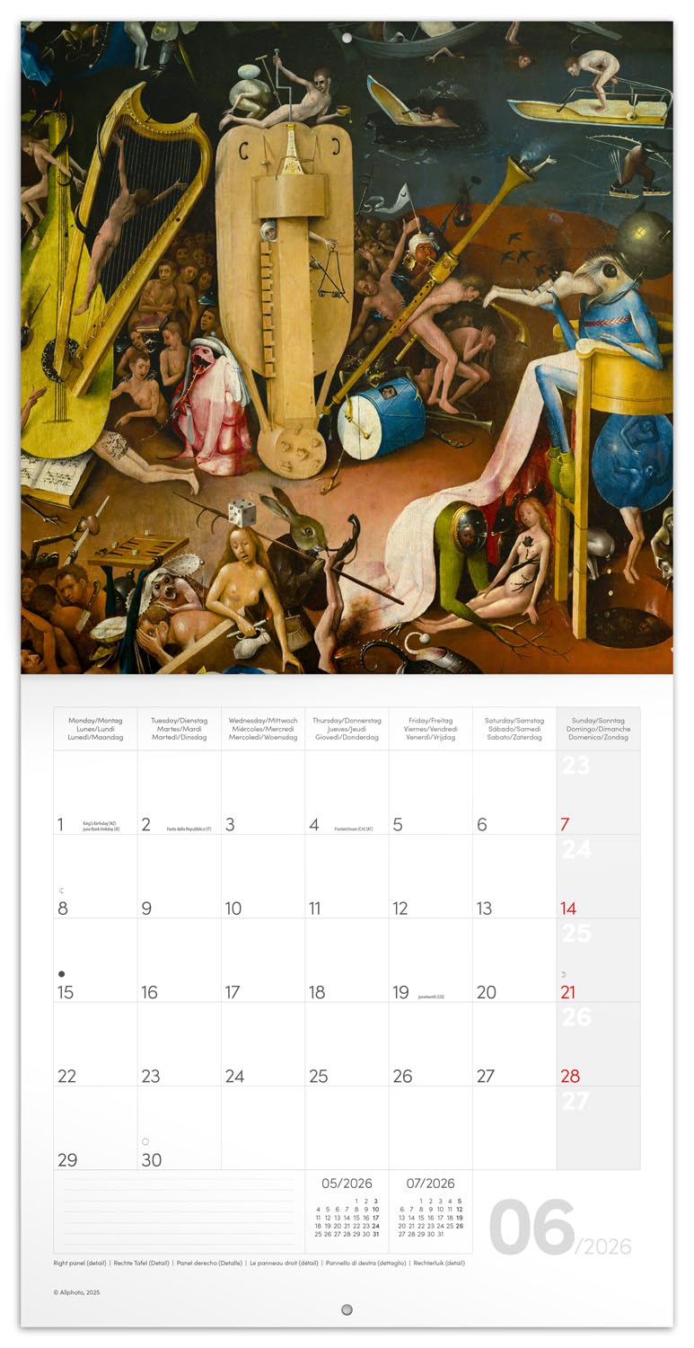 NOTIQUE Kalendarz ścienny 2026 Hieronymus Bosch Kalendarz, kalendarz broszurowy z kalendarzem miesięcznym, kalendarz broszurowy 30 x 30 cm (30x60 otwarty)